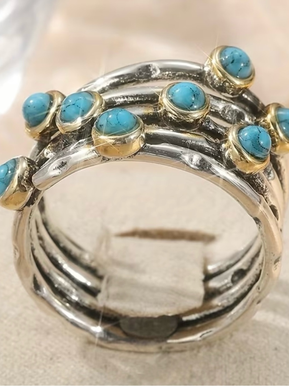 Turquoise Accent Silver & Gold Banded Ring - Picture 4 of 12